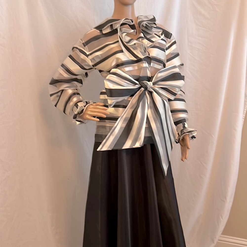 One-of-a-kind dramatic ruffled blouse of sheer satin stripe - Picture 3 of 7